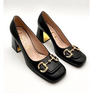 Gucci Baby Horsebit Pumps Black Leather Mid Block Heel Square Toe EU 39.5 US 9.5